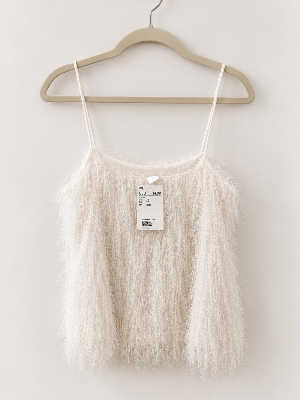 H&M Feather-Trim Spaghetti Strap Tank Top in Cream